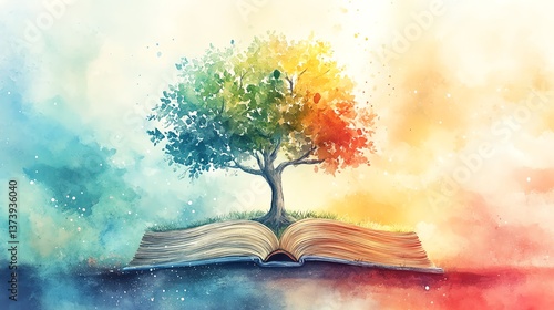 A serene watercolor artwork featuring a tree growing from a book, representing knowledge, resilience, and a growth mindset, set against a dreamy pastel background