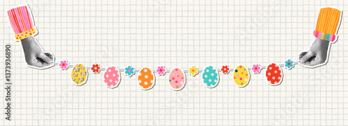 Cute colorful vector Easter bunting with eggs and flowers, half tone collage style illustration background