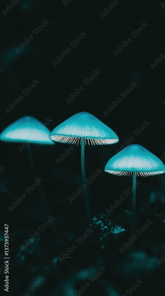 Fototapeta premium Glowing bioluminescent mushrooms in mysterious forest darkness
