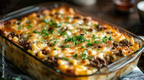 Cheesy, savory casserole perfection! Ground beef and herbs baked to bubbly, golden deliciousness on rustic wood
