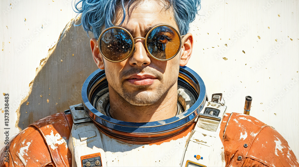 A man in a weathered spacesuit, his expression serious, stares out into the vast unknown.