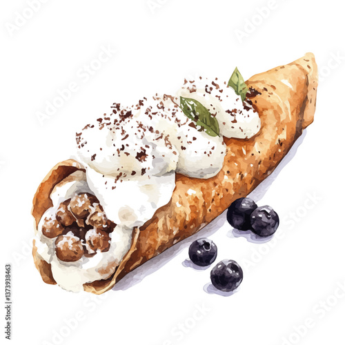 A watercolor vector of a cannoli, isolated on a white background. Cannoli vector.

