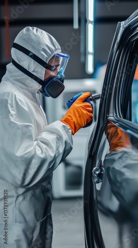 Expert performs detailed car painting in a workshop setting while ensuring safety with protective gear and equipment
