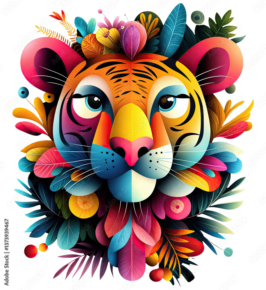 a vibrant, colorful illustration of a tiger's face surrounded by an array of tropical plants, flowers, and leaves, creating a lively and dynamic scene.