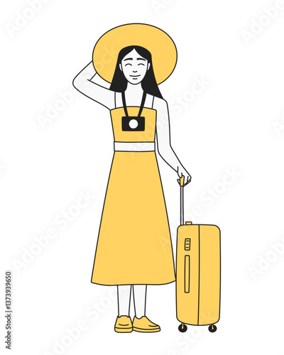 Girl in a dress stands holding a suitcase. Concept of travel, vacation