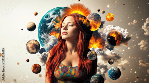 Obraz na płótnie A portrait of contemplation, surrounded by a swirling nebula of planets and cosmic events. w salonie