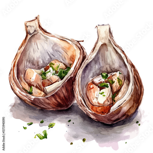 A watercolor vector of garlic, isolated on a white background. Garlic vector.


