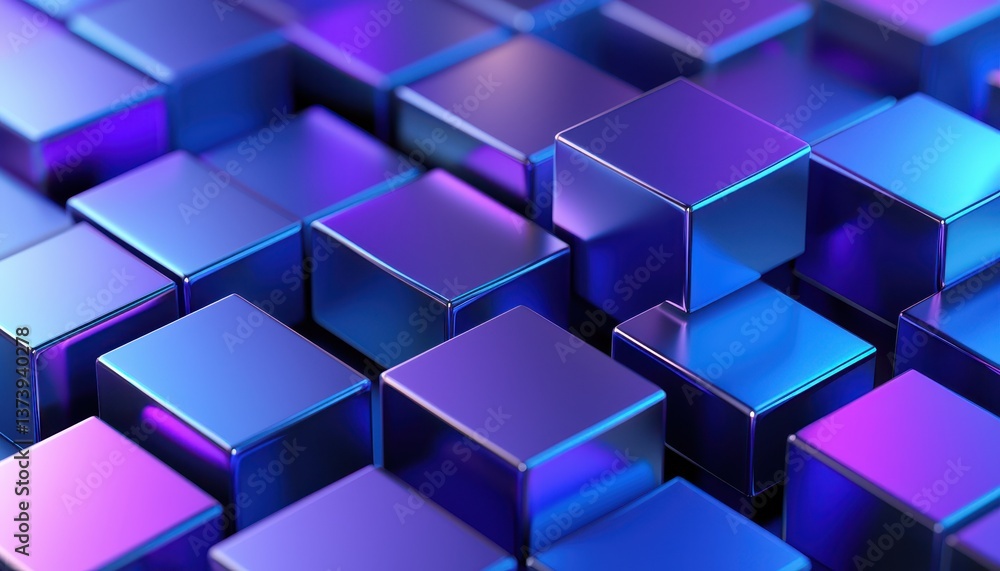 Abstract arrangement of metallic cubes in gradients of blue and purple, creating a dimensional surface. Abstract arrangement of metallic cubes in gradients of blue and purple, creating a dimensional surface.