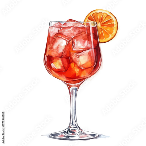 A watercolor vector of a Campari spritz, isolated on a white background. Campari spritz vector.

