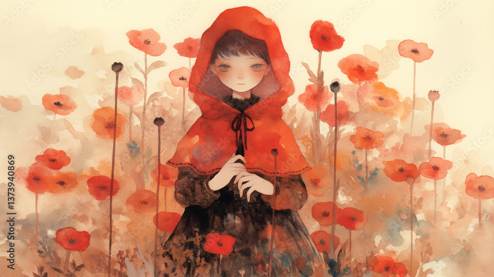 Fototapeta premium 黒髪が可愛い赤ずきん少女の童話風イラスト、水彩画タッチで描く美しい花畑と赤いケープ、ポピーやラベンダーなど多種多様な植物、広告デザイン・童話挿絵・書籍表紙・ウェブ素材・雑貨制作・ポスターにぴったりの画像素材