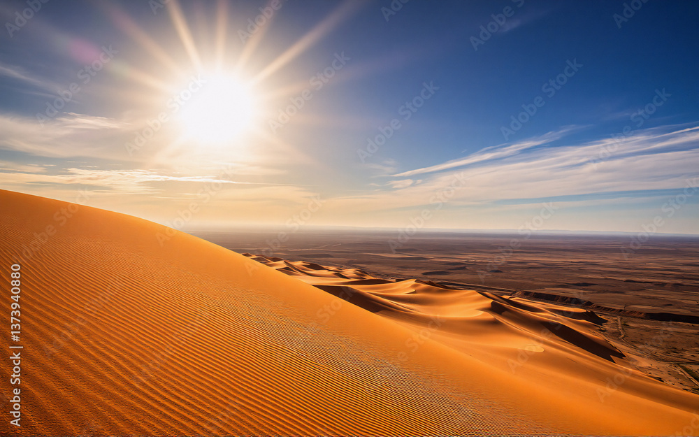 Naklejka premium Golden dunes under a radiant sun dominate a dry desert scene. Vast and open landscape with clear blue sky and the intense sunlight paints the sandy terrain in warm hues.