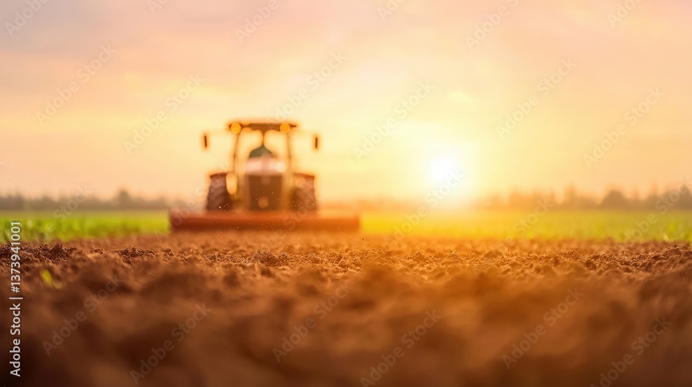 Fototapeta premium Tractor plowing field at sunset, Agriculture, farming, sunset, tractor, field
