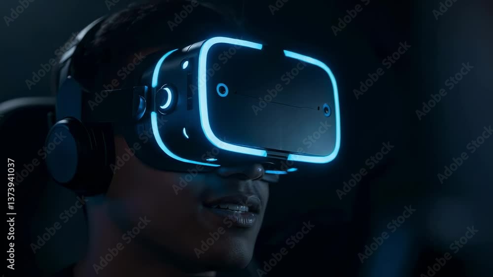 Man smiles while wearing a blue glowing virtual reality headset, immersed in a captivating digital experience, representing the future of technology and interactive entertainment Man smiles while wearing a blue glowing virtual reality headset, immersed in a captivating digital experience, representing the future of technology and interactive entertainment
