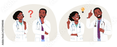 Young Thinking Doctor black woman and man surrounded by a question mark and finding new idea. Shiny light bulb. Flat style cartoon vector illustration.