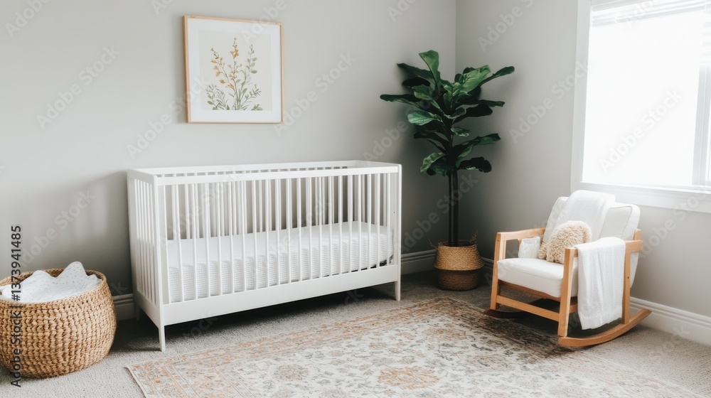 minimalist interior design neutral tones mindfulness Modern nursery with a crib, rocking chair, and decorative plants in a serene, stylish setting. minimalist interior design neutral tones mindfulness Modern nursery with a crib, rocking chair, and decorative plants in a serene, stylish setting.