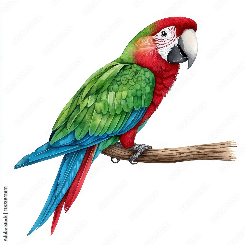 Obraz premium Green and Red Macaw Perched on Branch Watercolor Illustration