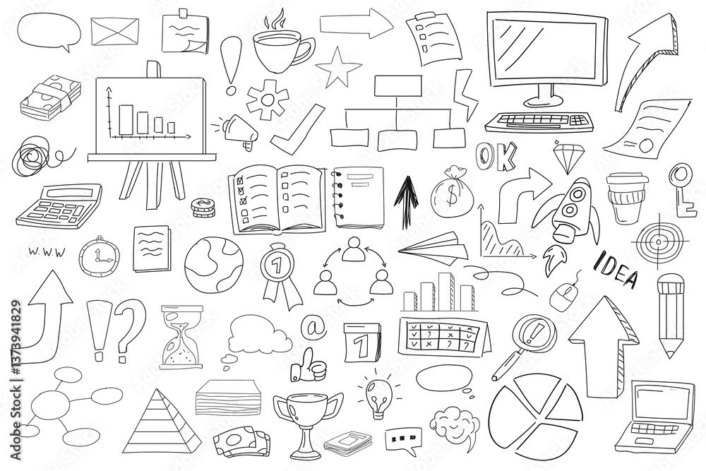 Doodle-style set of productivity, office, and creativity icons. Includes a computer, charts, arrows, a light bulb, a trophy, and more. Hand-drawn black line art on a white background. Doodle-style set of productivity, office, and creativity icons. Includes a computer, charts, arrows, a light bulb, a trophy, and more. Hand-drawn black line art on a white background.