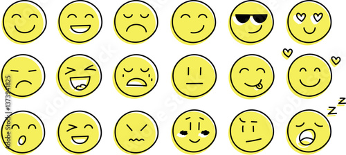 Big set of smiles with various emotions, hand drawn collection. Doddle faces vector illustration on isolated background. Happy and sad face sign business concept. Vector illustration, EPS10