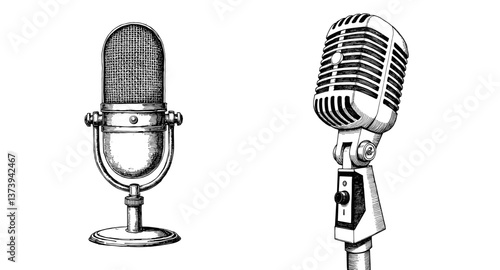 Vintage microphones in sketch style on white background  