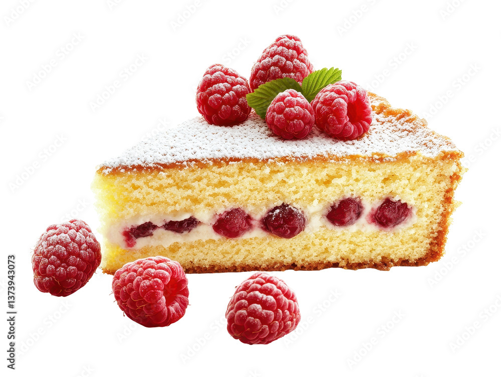 Isolated Slice of Raspberry Cake with Powdered Sugar Isolated Slice of Raspberry Cake with Powdered Sugar