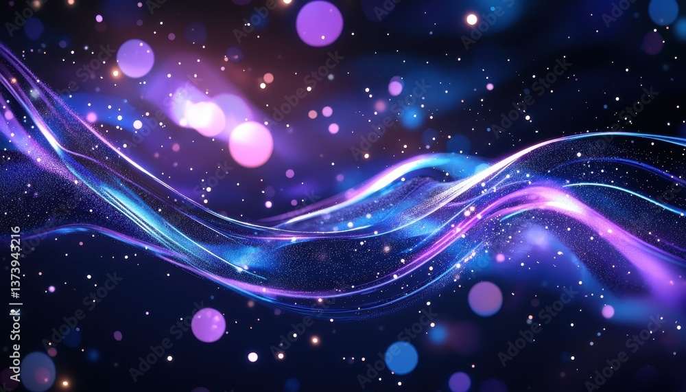 Glowing energy wave abstract background. Cosmic flow of light and particles, purple and blue hues. Glowing energy wave abstract background. Cosmic flow of light and particles, purple and blue hues.