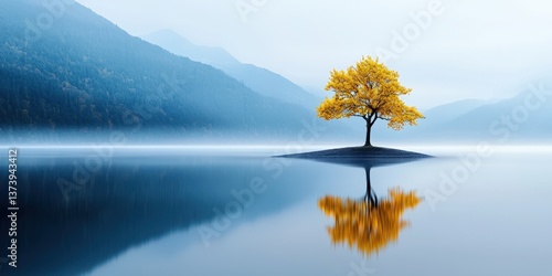 Autumn solitude: lone yellow tree reflected in tranquil waters, mountains in the misty distance.