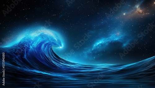 Cosmic Ocean Wave: A giant, luminous wave rises against the starry expanse of space. Ethereal and powerful.