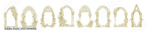 Wedding floral arch frame window set, elegant vector hand drawn invitation border flowers design. Vintage classic anniversary decorative graphic, antique line spring celebration kit. Wedding frame