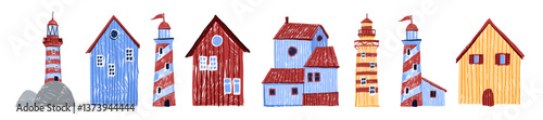 Kids cartoon house doodle set vector crayon lighthouse illustration, hand drawn nordic cute facades. Childish Scandinavian cozy building tower wax crayon texture. Small kids house nursery poster print