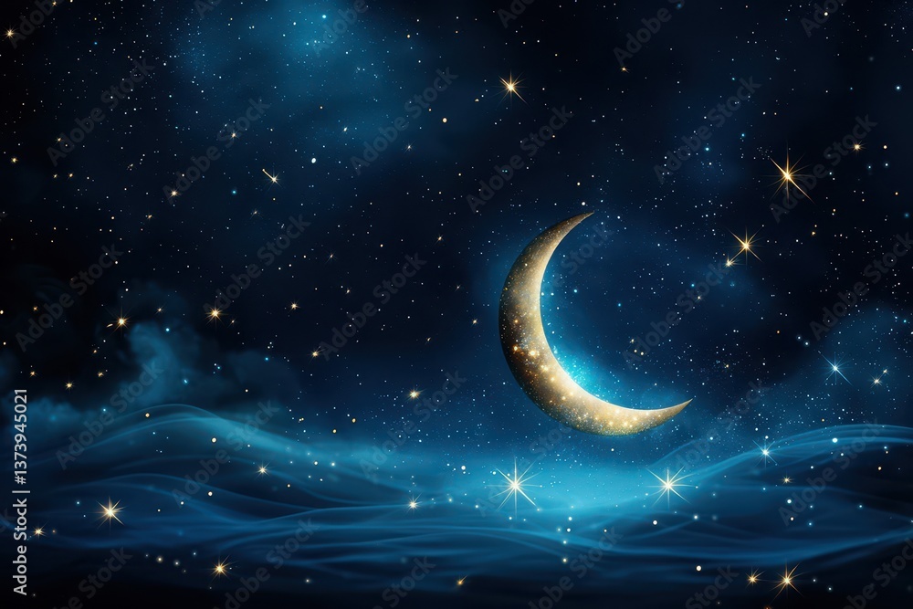 Crescent moon shining brightly in a star-filled night sky with blue wispy clouds in the background. Crescent moon shining brightly in a star-filled night sky with blue wispy clouds in the background.
