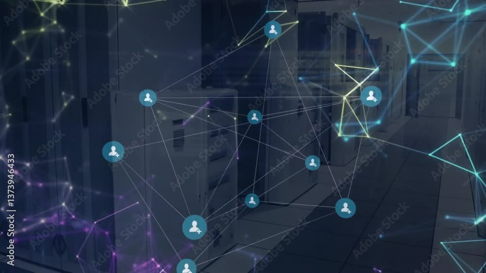 Network of connections and data processing animation over server room environment Network of connections and data processing animation over server room environment