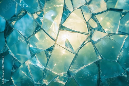 Abstract artistic composition of shattered glass pieces with sunlight streaming through, creating intricate patterns and a serene atmosphere