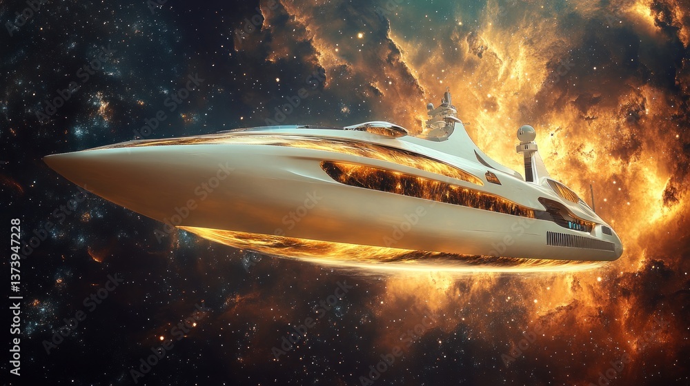 Obraz premium Luxury spaceship cruising nebula, futuristic travel