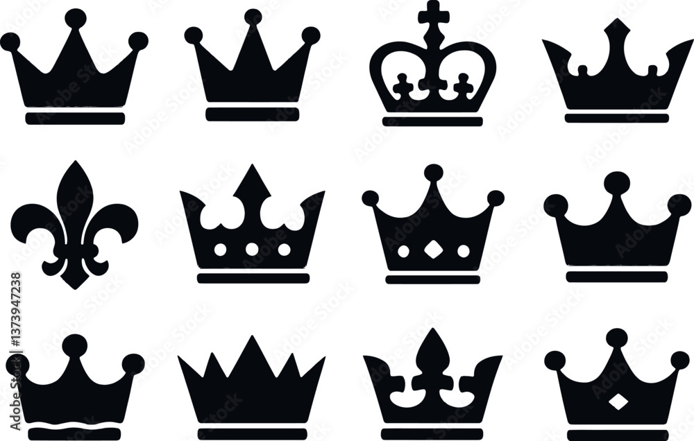 Various crown designs displayed in a grid, showcasing different styles and shapes suited for royalty or regal themes