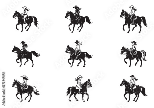 Cowgirl riding a horse silhouette Vector Set