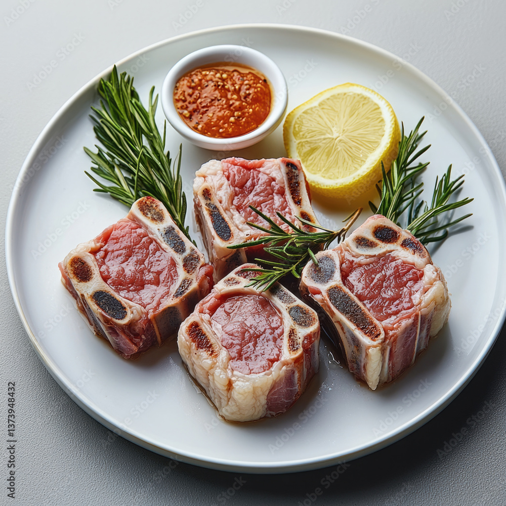 Fresh meat cuts displayed on plate, garnished with rosemary, lemon slices, and small bowl of sauce. vibrant colors and textures evoke sense of culinary delight and freshness Fresh meat cuts displayed on plate, garnished with rosemary, lemon slices, and small bowl of sauce. vibrant colors and textures evoke sense of culinary delight and freshness