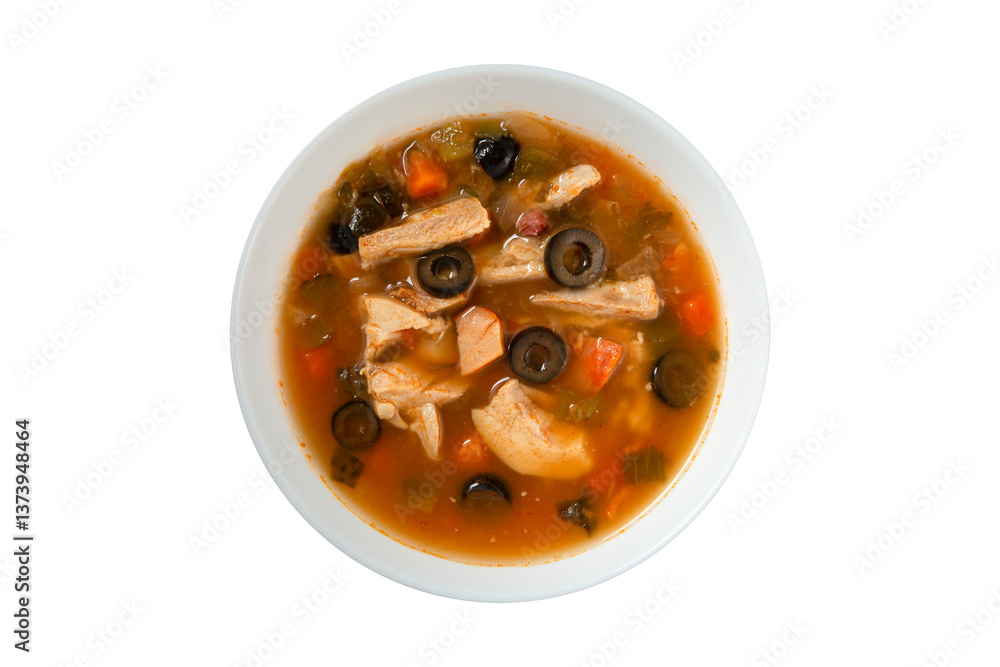 Solyanka soup served on a white plate against a white background, top view Solyanka soup served on a white plate against a white background, top view