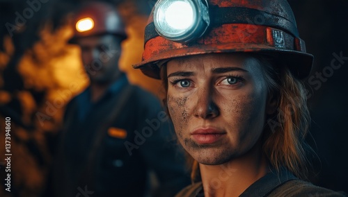 Female miner with headlamp in underground tunnel