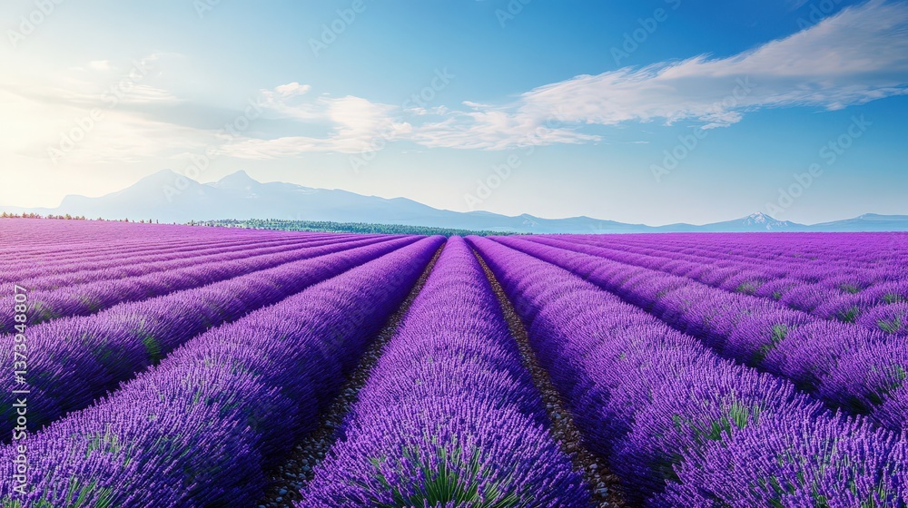 A dreamy lavender field in full bloom, with endless rows of purple flowers stretching toward the horizon A dreamy lavender field in full bloom, with endless rows of purple flowers stretching toward the horizon