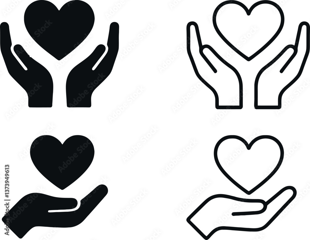Hands holding hearts in diverse styles conveying love and care in minimalistic design Hands holding hearts in diverse styles conveying love and care in minimalistic design