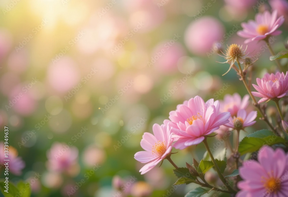 Obraz premium Close-up of pink daisy flowers in soft sunlight with a dreamy blurred background, ideal for nature backgrounds and inspirational designs