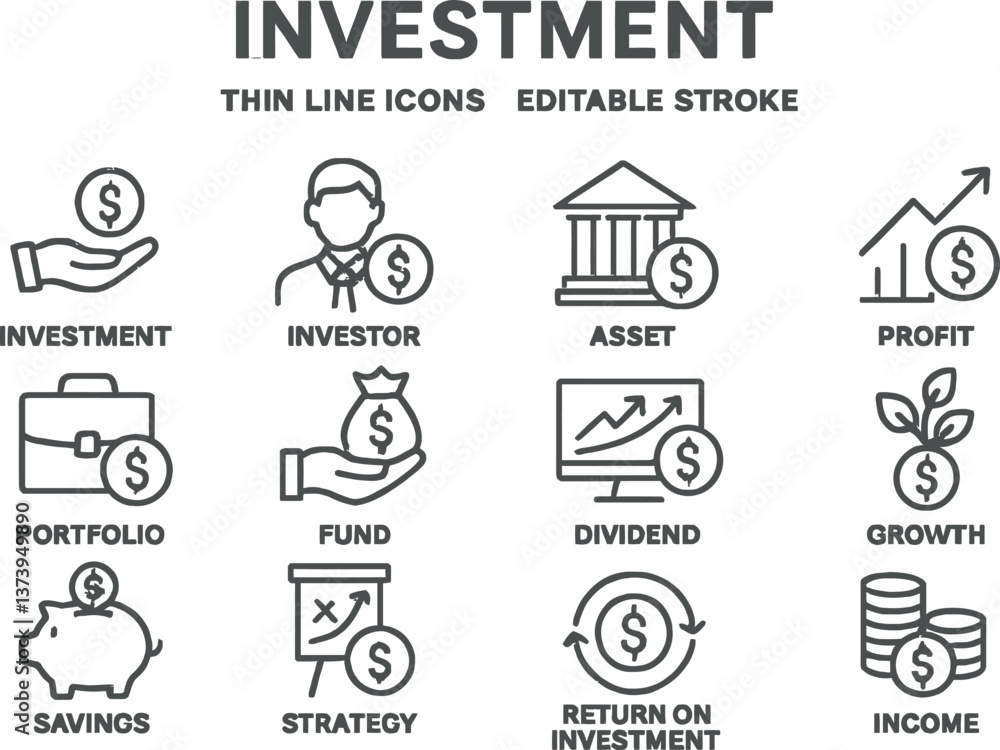 Icons representing investment concepts with symbols for savings, assets, and growth in a minimalist design Icons representing investment concepts with symbols for savings, assets, and growth in a minimalist design