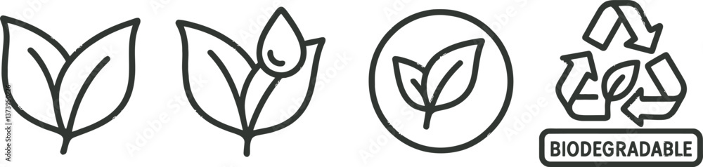 Various illustrations of leaves and eco-friendly symbols representing sustainability and biodegradability