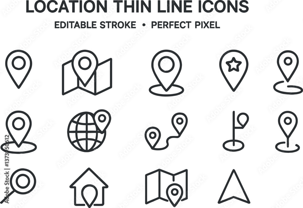 Line icons illustrating various location markers and navigation symbols for mapping and geolocation purposes Line icons illustrating various location markers and navigation symbols for mapping and geolocation purposes