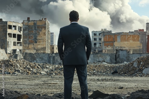 Businessman in suit observing urban destruction amidst rubble and smoke, contemplating challenges and opportunities in post-apocalyptic city landscape