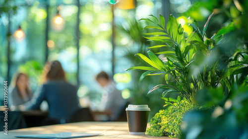 Disposable coffee cup on office desk, green office interior, blurred background professional meeting representing sustainable productivity green workplace and eco-friendly
