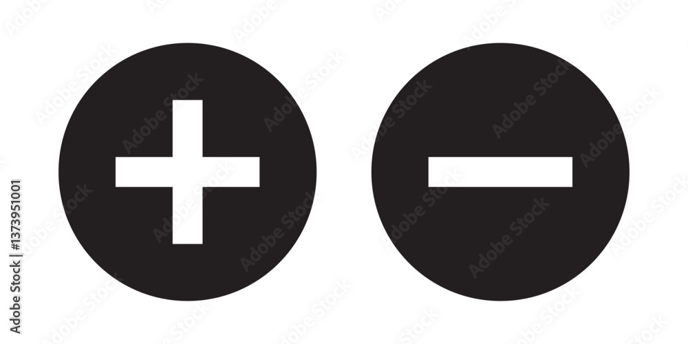 Obraz premium set of plus and minus symbols in circular and square shapes, positive and negative signs, vector black and white icons, geometric symbols for math, web, and UI design elements. EPS 10