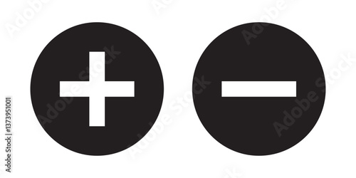 set of plus and minus symbols in circular and square shapes, positive and negative signs, vector black and white icons, geometric symbols for math, web, and UI design elements. EPS 10