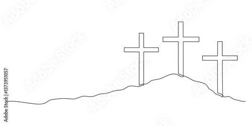 Three Calvary Crosses on the hill. Christianity religion concept. Continuous line drawing.