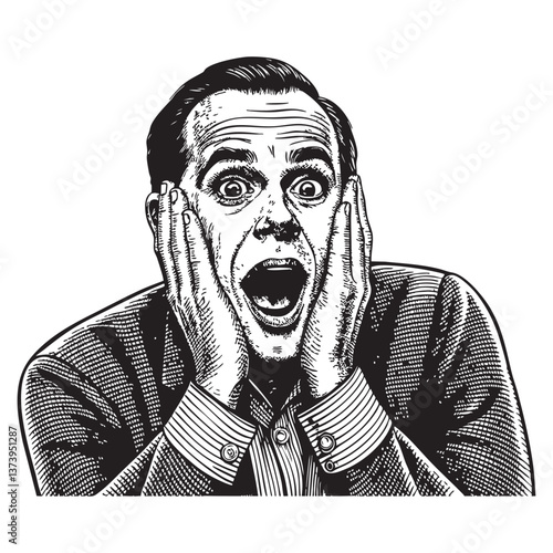 surprised man with wide eyes and hands on his face, expressing shock or amazement engraving vector illustration